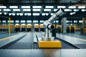 a robotic arm on a conveyor belt in a factory. AI-Generated photo