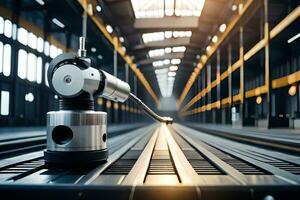 a robot is sitting on a track in a factory. AI-Generated photo