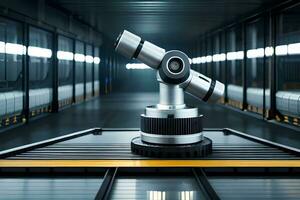 a robot is sitting on a conveyor belt in a warehouse. AI-Generated photo