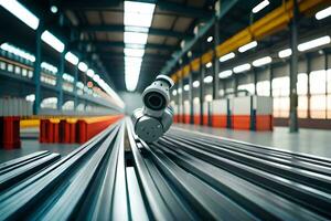 a robot is walking along a metal track in a factory. AI-Generated photo