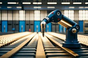 a robotic arm is standing on a conveyor belt. AI-Generated photo