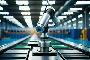 a robotic arm is on a conveyor belt in a factory. AI-Generated photo