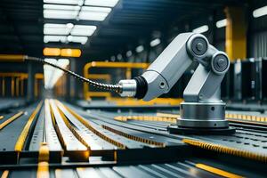 a robotic arm is on a conveyor belt in a factory. AI-Generated photo