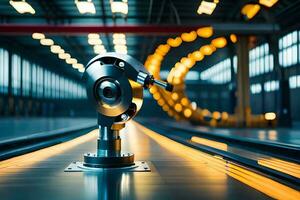 a close up of a metal object on a conveyor belt. AI-Generated photo