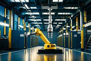 a yellow industrial robot is sitting in a warehouse. AI-Generated photo