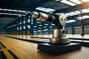un robot es sentado en un plataforma en un fábrica. generado por ai foto