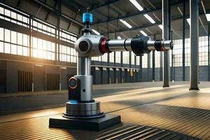 a robotic arm in a factory setting with a light shining on it. AI-Generated photo
