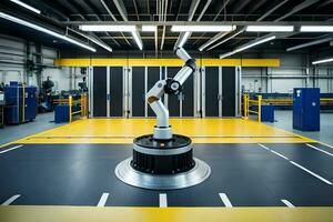 a robotic arm is standing in a large warehouse. AI-Generated photo