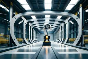 a robot is walking down a long hallway in a factory. AI-Generated photo