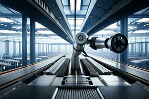 a robot is standing on a conveyor belt in a factory. AI-Generated photo