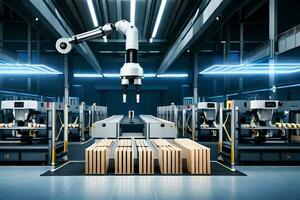 a robot is working in a factory with boxes. AI-Generated photo