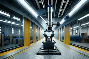 a robot is sitting in a warehouse with a conveyor belt. AI-Generated photo