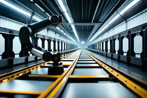 a robotic arm is on a track in a warehouse. AI-Generated photo