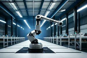 a robot is standing in a factory with many machines. AI-Generated photo