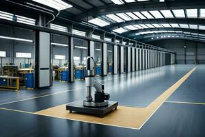 a large warehouse with a robot on the floor. AI-Generated photo