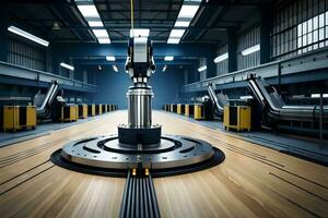 industrial robot in a factory with a large machine. AI-Generated photo