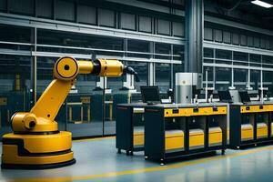 robots in a factory with a large room. AI-Generated photo
