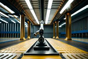 a robot is sitting on a conveyor belt in a warehouse. AI-Generated photo