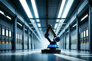 a robot is standing in a large warehouse. AI-Generated photo