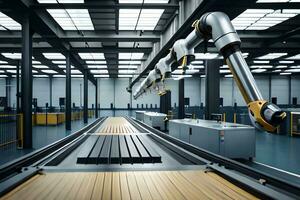 robots in a factory with conveyor belts. AI-Generated photo
