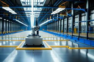 a large industrial robot is sitting in a factory. AI-Generated photo