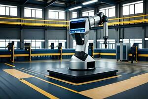 a robotic arm in a factory with a large machine. AI-Generated photo