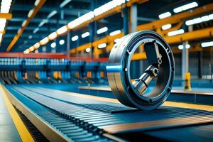 a large metal wheel on a conveyor belt in a factory. AI-Generated photo