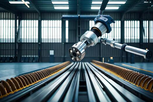 un robot es trabajando en un transportador cinturón en un fábrica. generado por ai foto