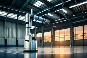 a robot in a large warehouse with a large window. AI-Generated photo