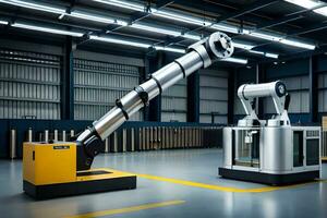 robotic arm in a warehouse with a large machine. AI-Generated photo