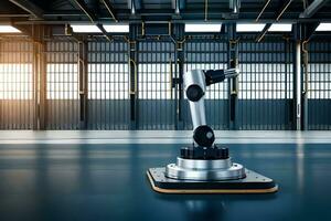 a robot is sitting in front of a large warehouse. AI-Generated photo