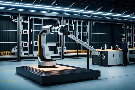 a robot in a factory with a man standing next to it. AI-Generated photo