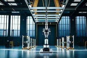 a robot is standing in a large warehouse. AI-Generated photo