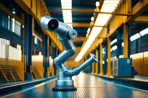 a robotic arm is standing in front of a large warehouse. AI-Generated photo