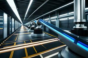 a long line of robots moving in a factory. AI-Generated photo