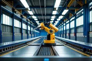 a robotic arm is sitting on a conveyor belt. AI-Generated photo