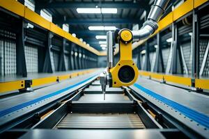 a robotic arm is moving along a conveyor belt. AI-Generated photo