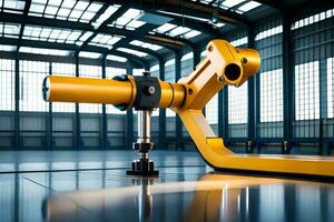 un amarillo industrial robot es sentado en un mesa. generado por ai foto