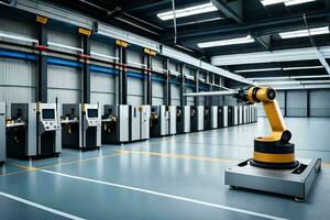 a large industrial warehouse with robotic arms. AI-Generated photo