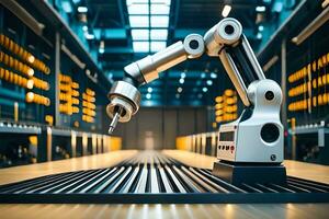 a robotic arm is standing in front of a warehouse. AI-Generated photo