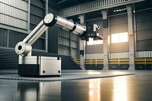 a robotic arm in a warehouse with a large window. AI-Generated photo