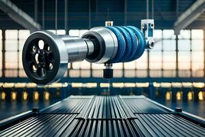 a machine with a large metal wheel on top of a table. AI-Generated photo