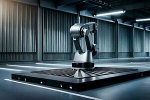 a robotic arm is sitting on a platform in a warehouse. AI-Generated photo