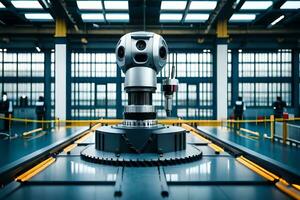 a robot is sitting on a conveyor belt in a factory. AI-Generated photo