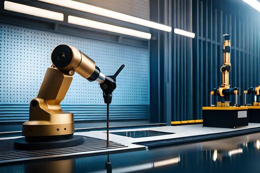 robots in a factory with a large machine. AI-Generated photo