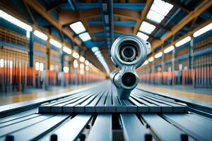 a robot is standing on a conveyor belt in a warehouse. AI-Generated photo