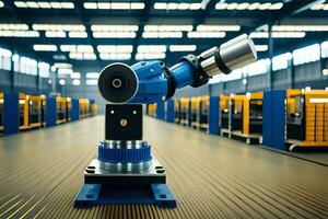 a robot is standing in front of a large warehouse. AI-Generated photo