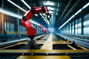 a robotic arm is standing in front of a conveyor belt. AI-Generated photo