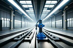 a blue robot is sitting on a track in a factory. AI-Generated photo