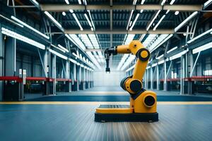 a yellow robot is standing in a factory. AI-Generated photo